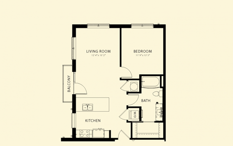A floor plan of a small apartment with a living room, kitchen, bathroom and bedroom.